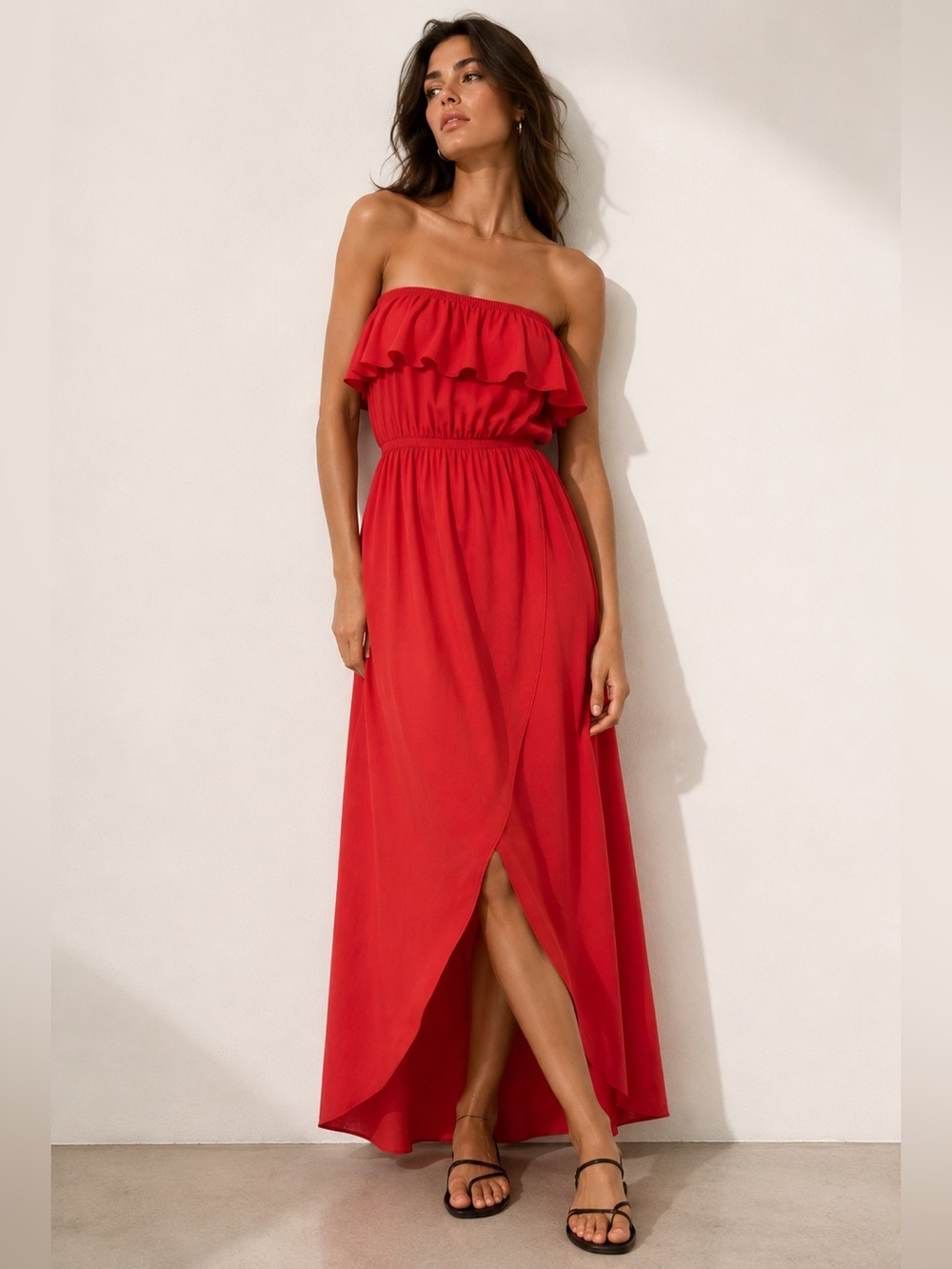 Tea N Rose Red Strapless Tube Maxi Dress Slit Stretch Waist Approx XS